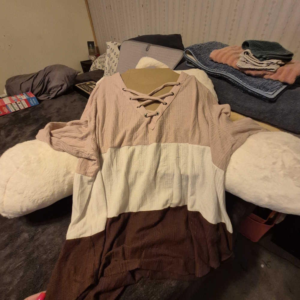 Maurices Pink, White, and Brown Colorblock Blouse